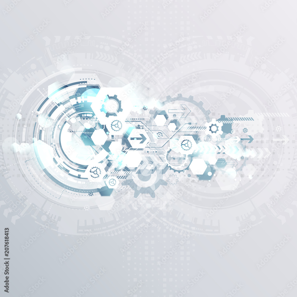 Poster engineering technology various blue elements witn geometric shape, digital space for content, networ