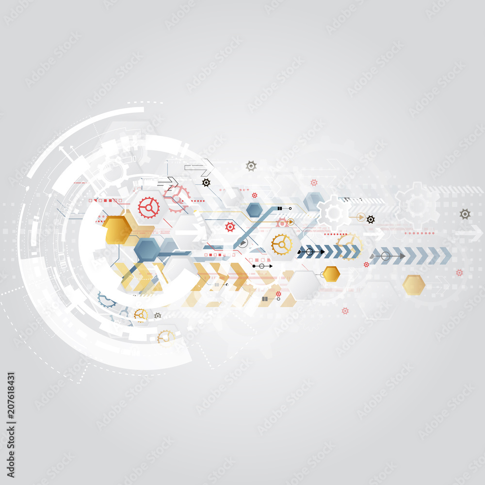 Aufkleber engineering technology various multicolour elements witn geometric shape, digital space for content,