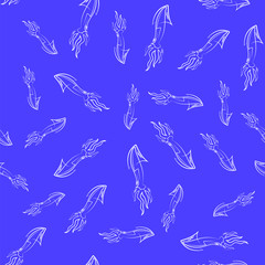 European Squid Silhouette Seamless Pattern on Blue Background. Cute Seafood. Animal Under Water. Sea Monster