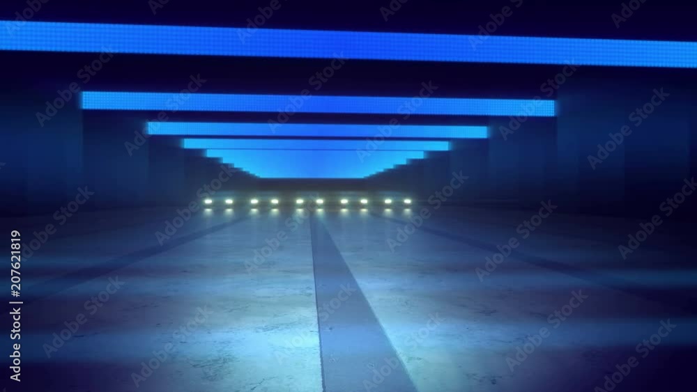 Poster an arty 3d rendering of multicolored illumination of an underground tunnel in the grey background. t