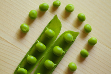 Beans and pods of green peas