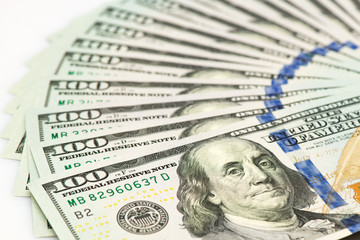 Fan of new 100 dollar banknotes. close-up view