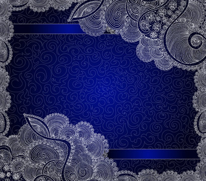 Beautiful blue frame with decorative handwritten lacy ornamental patterns 