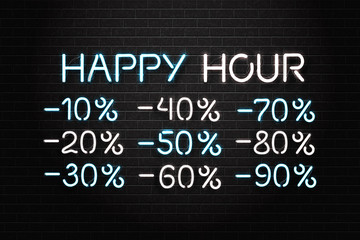 Obraz premium Vector realistic isolated neon sign of Happy Hour lettering with discount numbers for decoration and covering on the wall background. Concept of night club, free drinks, bar counter and restaurant.