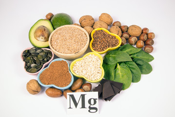 Products containing magnesium. Healthy food. White background.