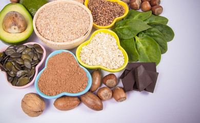 Products containing magnesium. Healthy food. White background.