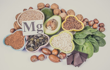 Products containing magnesium. Healthy food. White background.