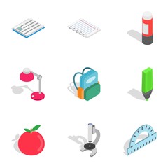 Education equipment icons set. Isometric 3d illustration of 9 education equipment vector icons for web