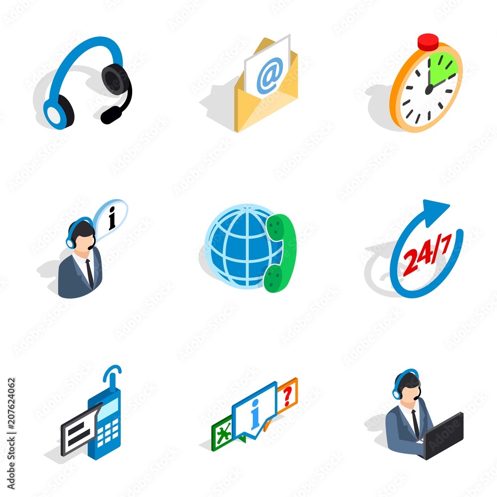 Poster contact and support icons set. isometric 3d illustration of 9 contact and support vector icons for w