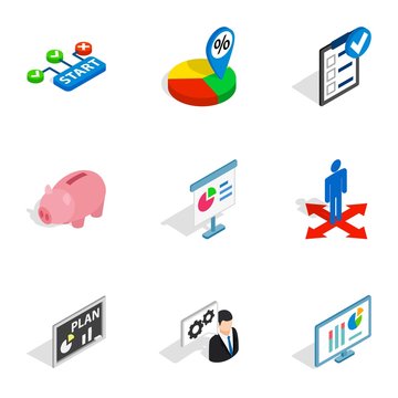 Business analytics icons set. Isometric 3d illustration of 9 business analytics vector icons for web