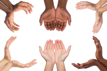 Set of multiethnic hands holding or offering something