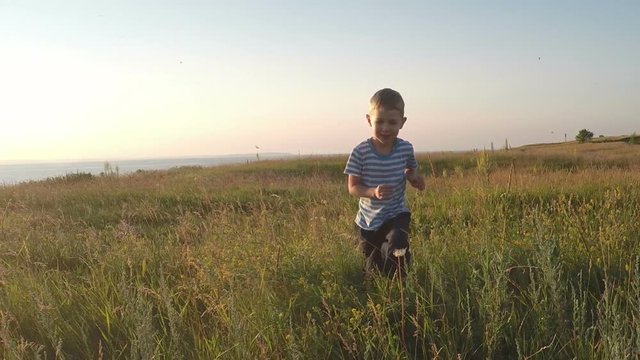 The child run in the field at sunset. Slowmotion
