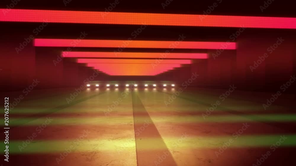 Poster an original 3d rendering of colorful illumination of an underground tunnel in the green background. 