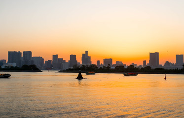 Landscape of sunset and boats at sumida river sunset viewpoint ,tokyo