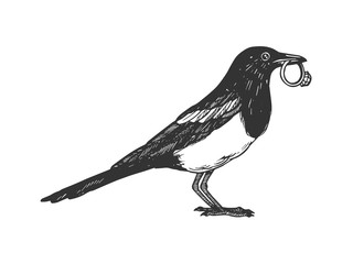 Magpie bird with golden ring engraving vector - obrazy, fototapety, plakaty
