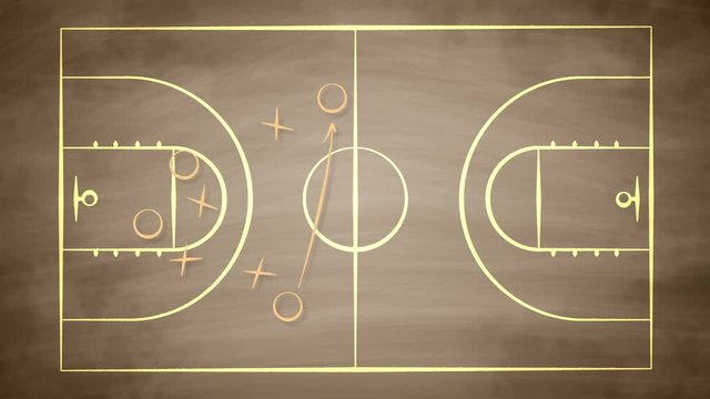 A working 3d rendering of a basketball field covered with crosses, zeroes and arrows. It shows how the team should play together to win the rival players. It looks successful and fine