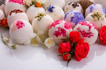 bath bombs on a white acrylic background