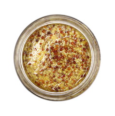 French mustard in glass jar isolated on white, top view