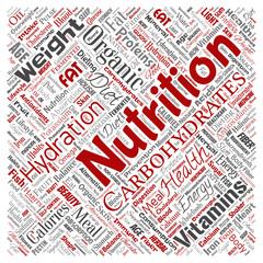 Vector conceptual nutrition health diet square red word cloud isolated background. Collage of carbohydrates, vitamins, fat, weight, energy, antioxidants beauty mineral, protein medicine concept