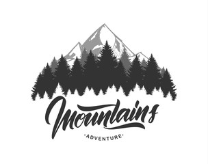 Vector illustration: Mountains emblem with handwritten type lettering. Typography design.