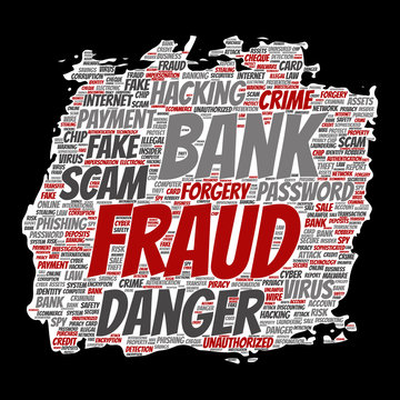 Vector conceptual bank fraud payment scam danger paint brush paper word cloud isolated background. Collage of password hacking, virus fake authentication, illegal transaction or identity theft concept