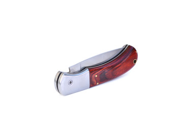 Foldable pocket knife with wooden handle in folded state on white isolated background.