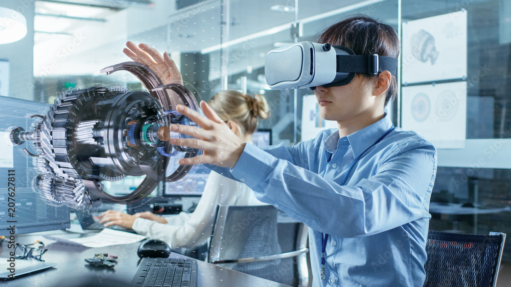 Poster computer science engineer wearing virtual reality headset works with 3d model hologram visualization