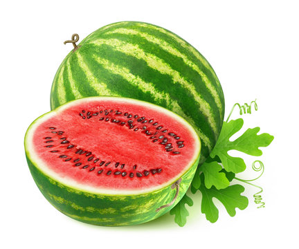 Isolated Cut Watermelon. One And Half Watermelon Fruit With Leaves Isolated On White Background