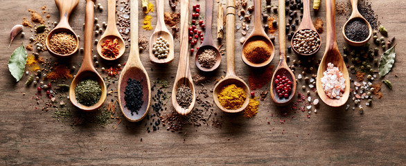Spices on wooden board