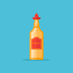 Bottle of tequila isolated on blue background. Flat style icon. Vector illustration.
