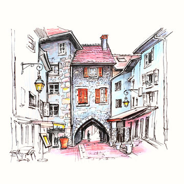 Color hand drawing, city view with Gorgeous medieval arch gate Sepulchre Gate on the street Rue Sainte-Claire in Old Town of Annecy, France. Picture made markers