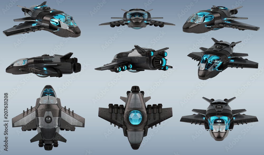 Poster Futuristic spacecraft collection isolated on grey background 3D rendering