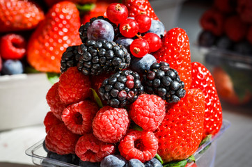 fresh fruits close up view - strawberry, blueberry, red berry, raspberry, blackberry