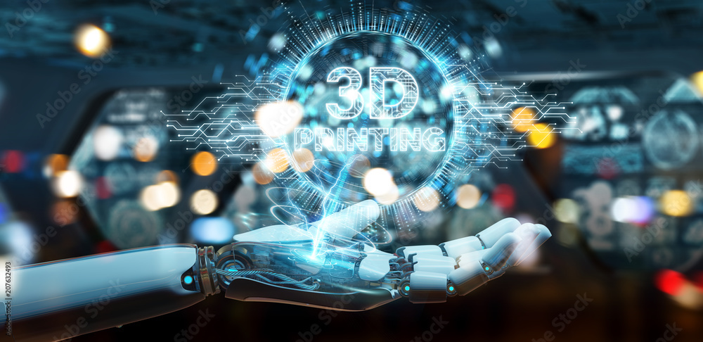 Poster robot white hand using 3d printing digital hologram 3d rendering