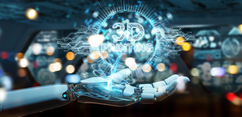 Robot white hand using 3D printing digital hologram 3D rendering