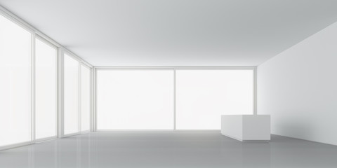 Naklejka na ściany i meble 3D rendering of white room space with interior lighting and sun light cast the window shadow on the wall and floor,Perspective of minimal design architecture. 