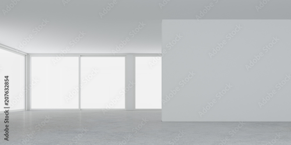 Wall mural 3d rendering of white room space with interior lighting and sun light cast the window shadow on the 