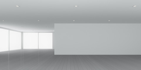 3D rendering of white room space with interior lighting and sun light cast the window shadow on the wall and floor,Perspective of minimal design architecture.	