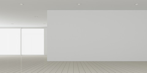 3D rendering of white room space with interior lighting and sun light cast the window shadow on the wall and plank wood floor,Perspective of minimal design architecture	