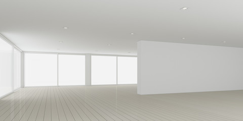 3D rendering of white room space with interior lighting and sun light cast the window shadow on the wall and plank wood floor,Perspective of minimal design architecture	