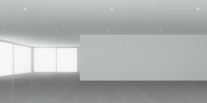 3D rendering of white room space with interior lighting and sun light cast the window shadow on the wall and floor,Perspective of minimal design architecture. © nuchao