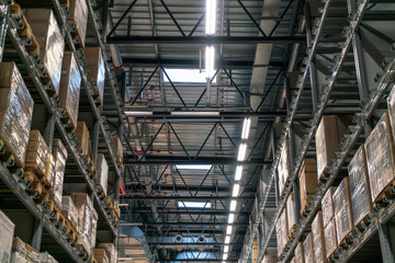 Industrial warehouses and shelves with boxes