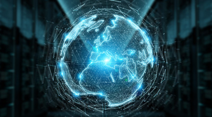 Globe network hologram with Europe map 3D rendering