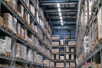 Industrial warehouses and shelves with boxes