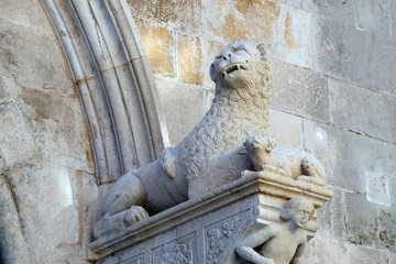 The sculpture, decoration on the St Mark s Cathedral in the historic city Korcula at the island Korcula in Croatia.