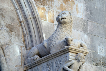 The sculpture, decoration on the St Mark s Cathedral in the historic city Korcula at the island...
