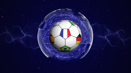 Soccer Ball and World Cup Team Flags in Blue Abstract Particles Ring, Background
