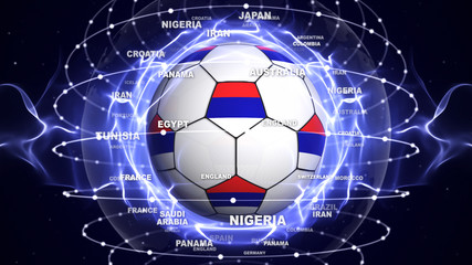 Soccer Ball and RUSSIA Flag in Blue Abstract Particles Ring, Background
