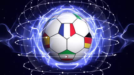 Fototapeta premium WORLD CUP Text and Soccer Ball and World Cup Team Flags in Blue Abstract Particles Ring, Background 
