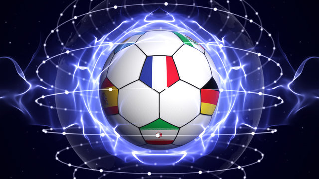 WORLD CUP Text and Soccer Ball and World Cup Team Flags in Blue Abstract Particles Ring, Background
